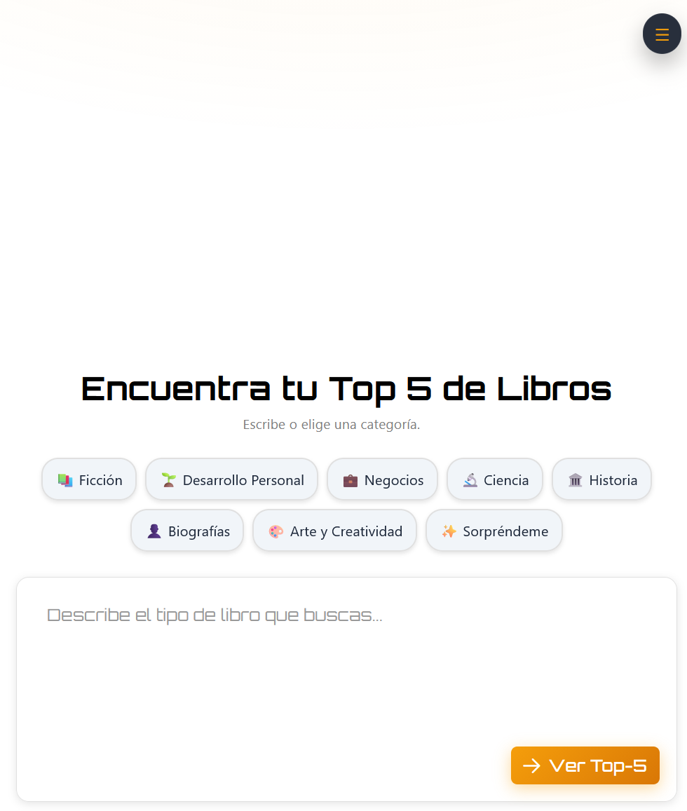 Pantalla inicial de Hikari Books mostrando Encuentra tu Top 5 de Libros con chips de categorías y campo de texto